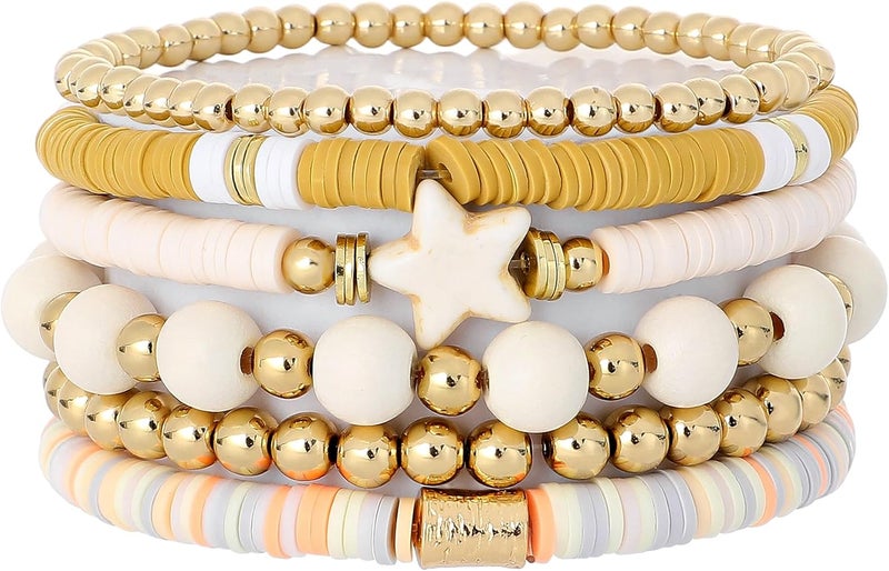 GOOJIDS Surfer Heishi Clay Bead Bracelets for Women Bohemian Stackable Gold Plated Beaded Stretch Bracelets Elastic Layering Friendship Bracelets Set Boho Jewelry - Image 1